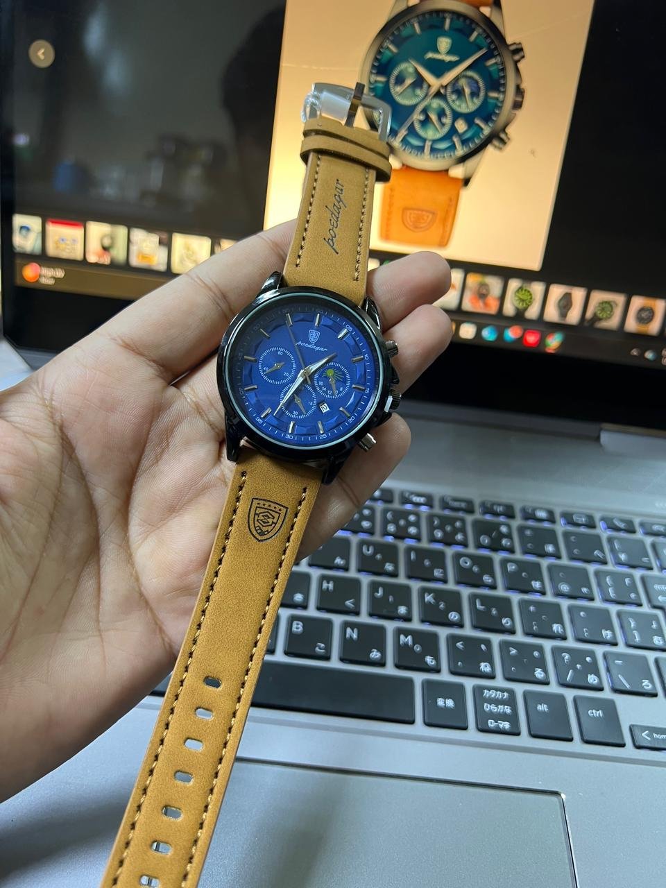 Brown Strap Black Ring Blue Dial