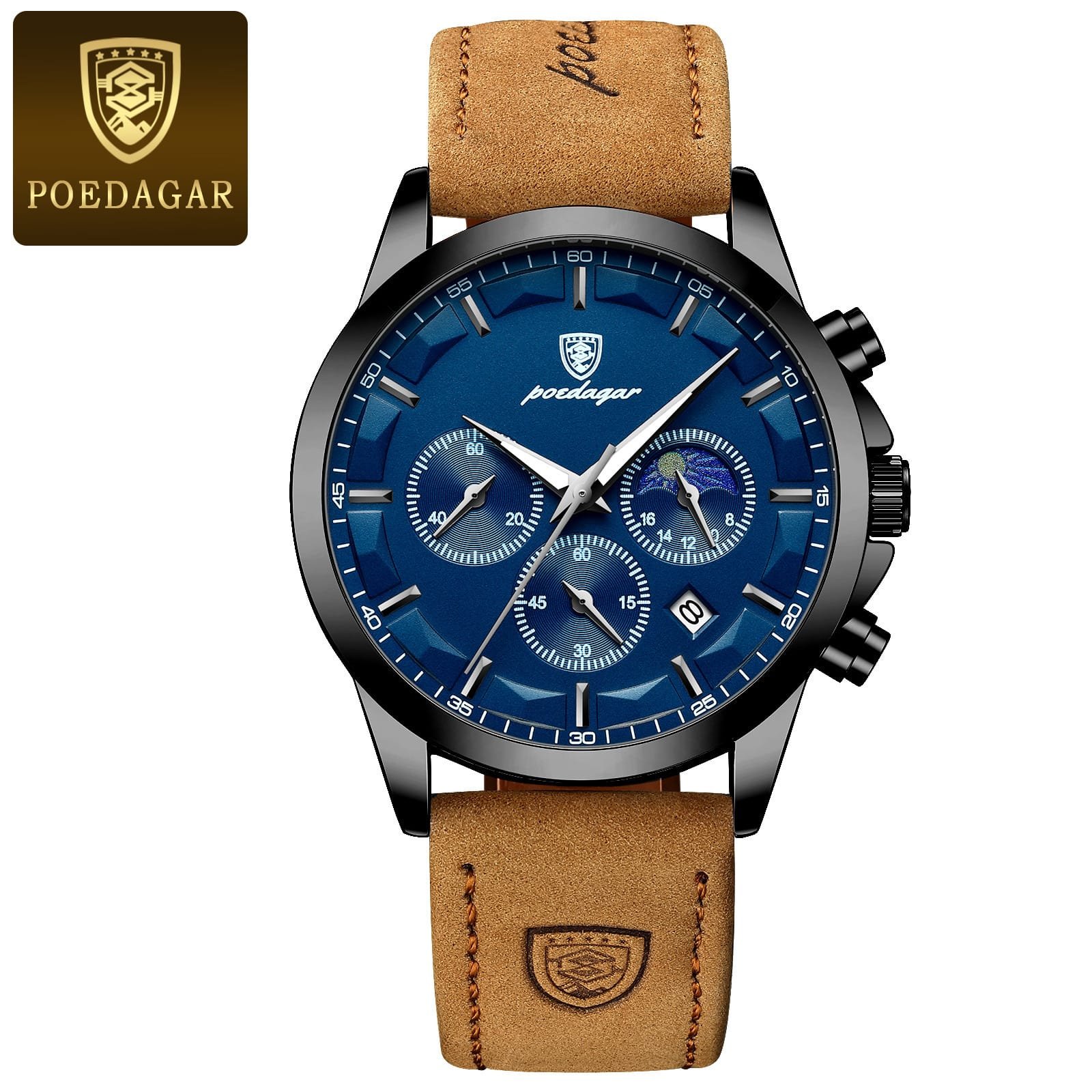 Brown strap black ring with blue dial