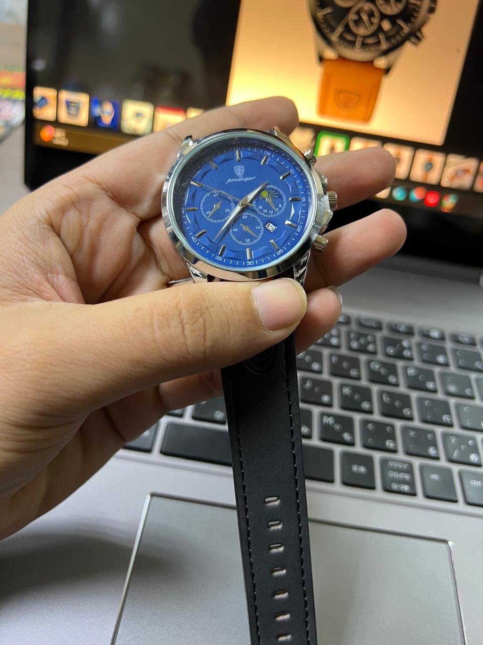 Black Strap Silver Ring Blue Dial